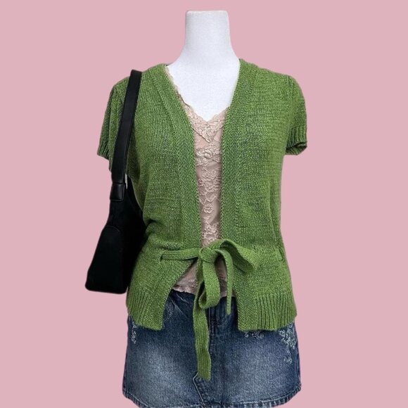 y2k green girly fairy granola tie front cardigan - Picture 1 of 8